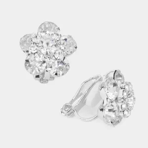 Flower Clear Bubble Stone Silver Clip on Earrings