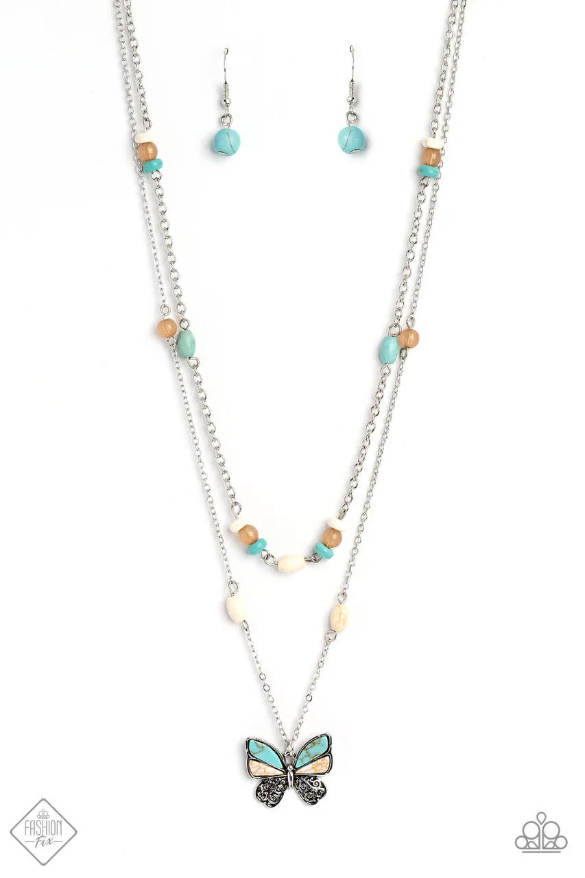 Free-Spirited Flutter - Blue - Turquoise, White, Brown Stone Butterfly Pendant Tiered Paparazzi Necklace - January 2023 Simply Santa Fe