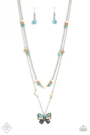 Free-Spirited Flutter - Blue - Turquoise, White, Brown Stone Butterfly Pendant Tiered Paparazzi Necklace - January 2023 Simply Santa Fe