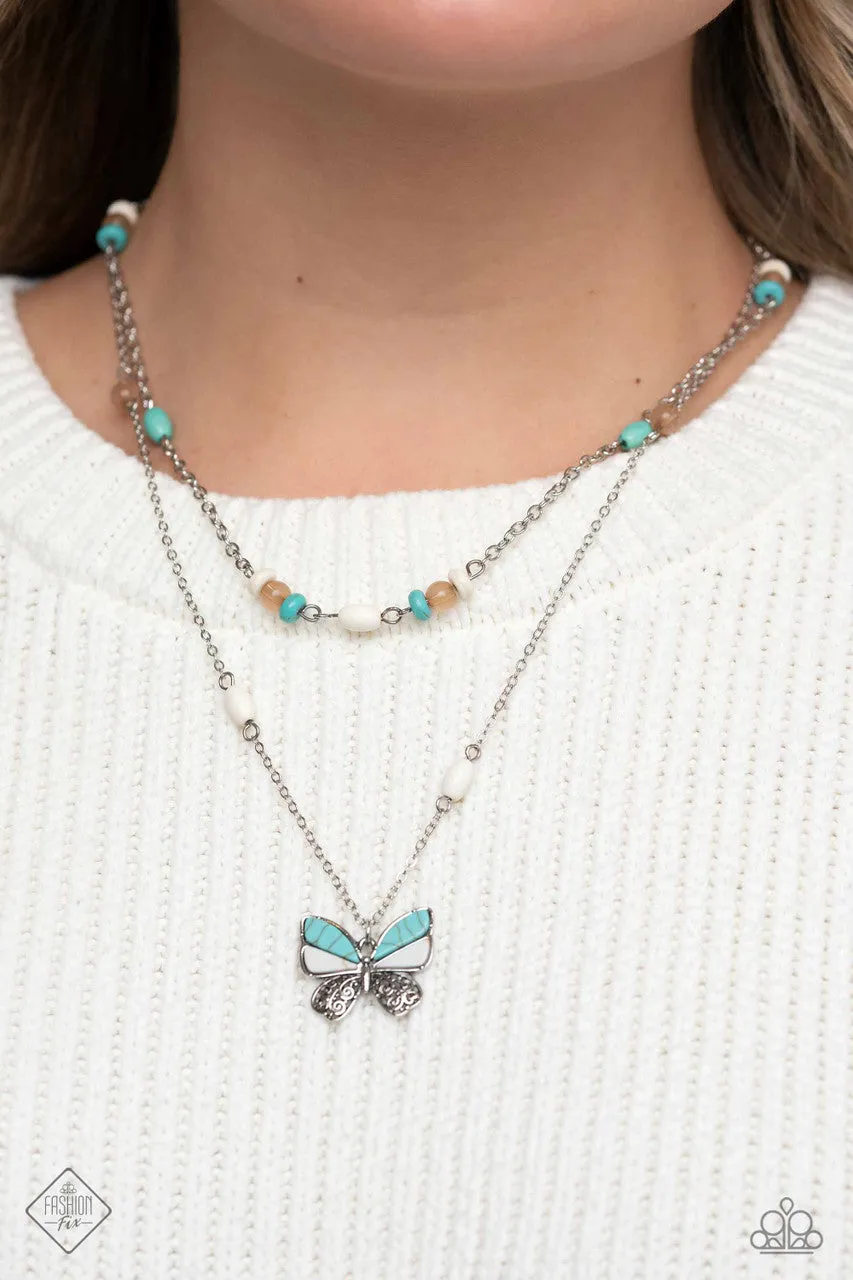 Free-Spirited Flutter - Blue - Turquoise, White, Brown Stone Butterfly Pendant Tiered Paparazzi Necklace - January 2023 Simply Santa Fe