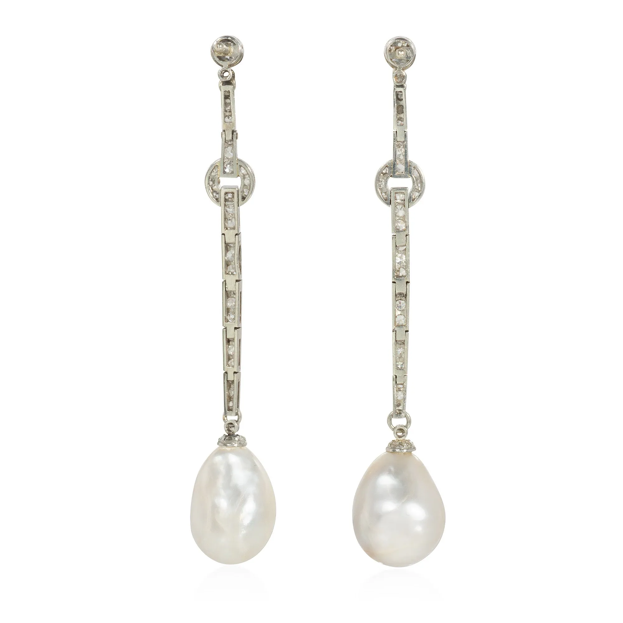 French Art Deco natural pearl and diamond pendant earrings