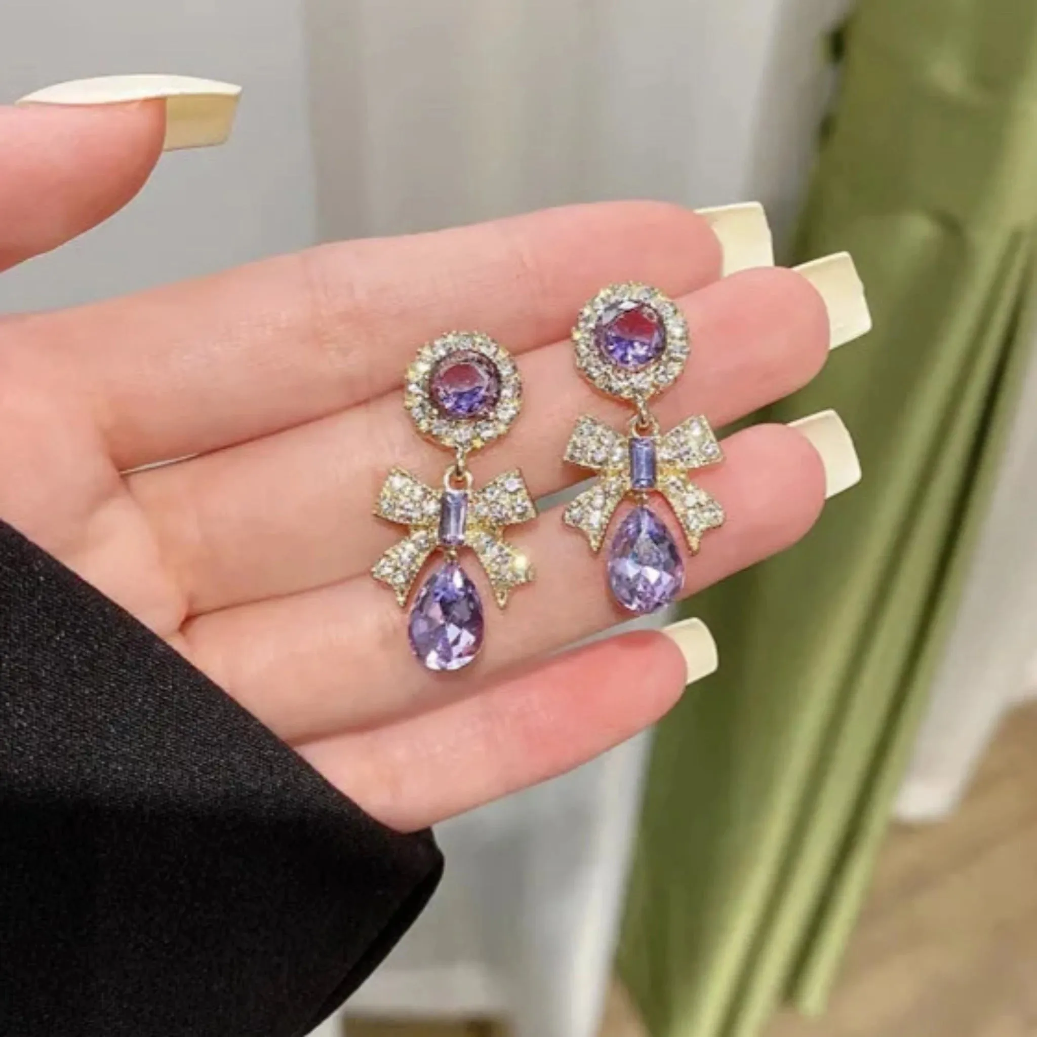 French Purple Zircon Bowknot Clip-on Earrings