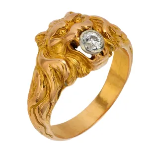 French Victorian diamond 18k yellow gold lion ring