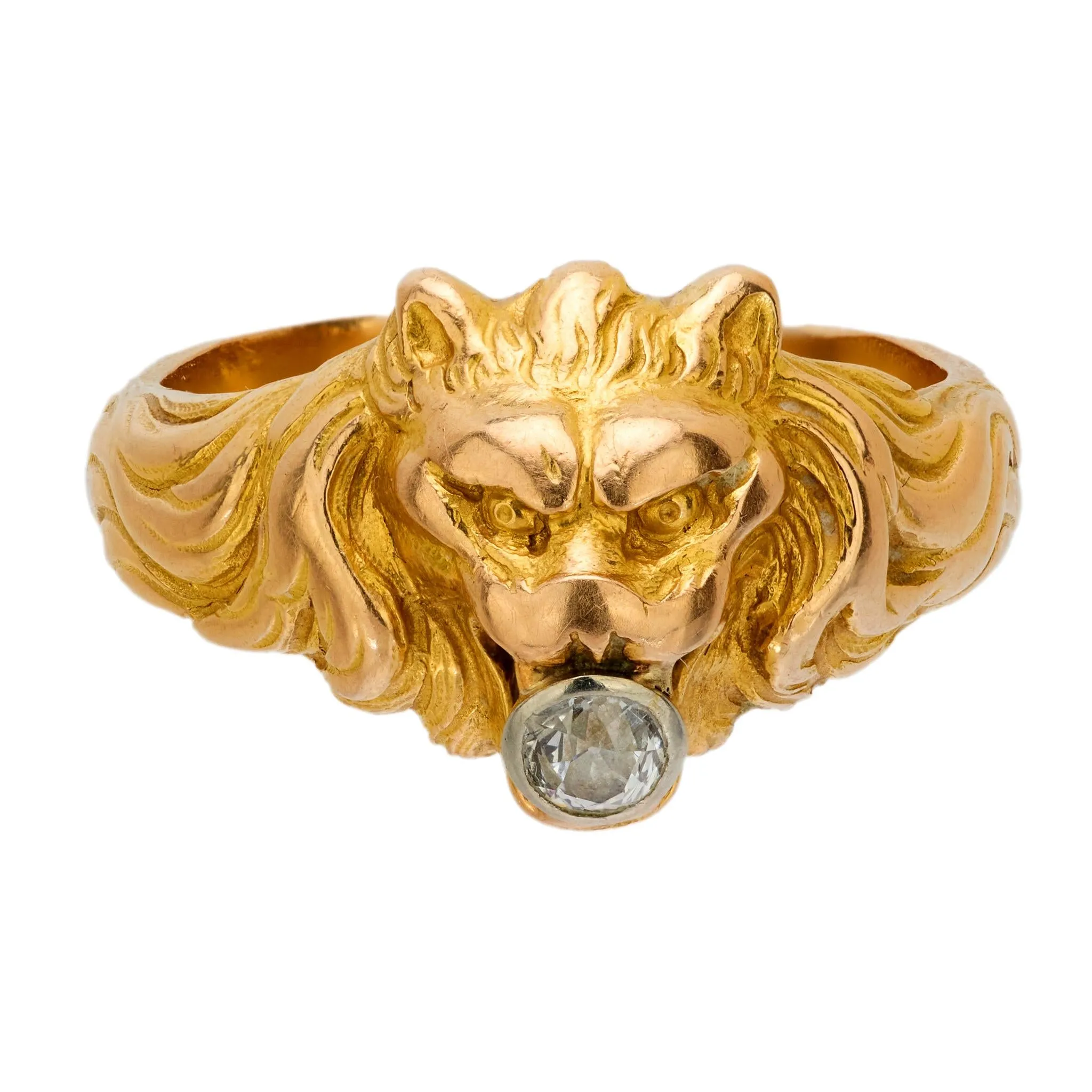 French Victorian diamond 18k yellow gold lion ring