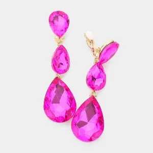 Fuchsia Triple Crystal Rhinestone Clip-On Earrings