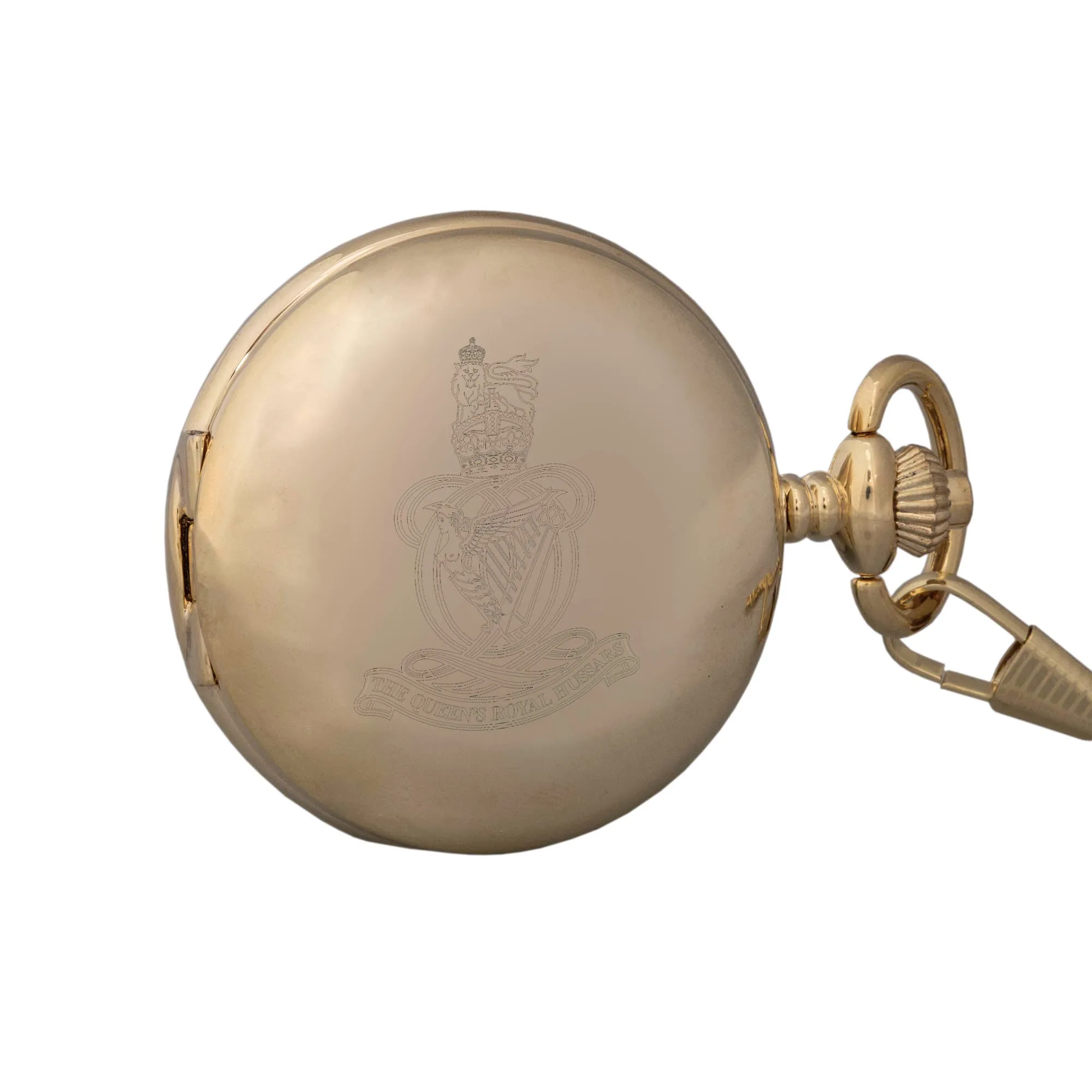 Full Hunter Pocket Gilt Plate Watch with chain, engraved QRH Cap Badge and supplied in presentation box.