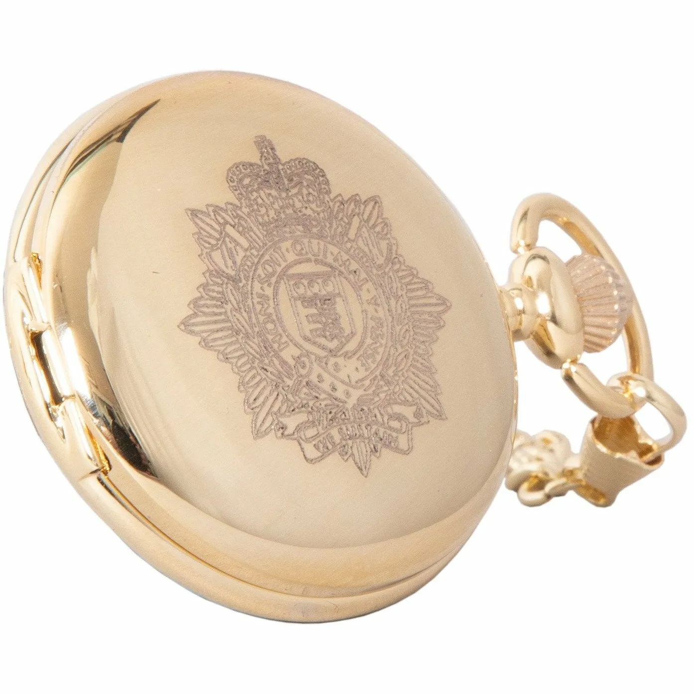 Full Hunter Pocket Watch with RLC Cap Badge, Chain - GP - Boxed - Quartz Battery