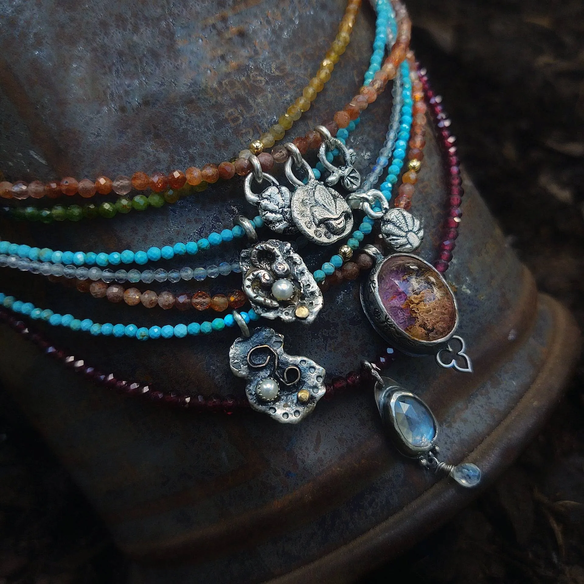 Gemstone Charm Necklace ~ Turquoise, Tourmaline, Garnet, Moonstone