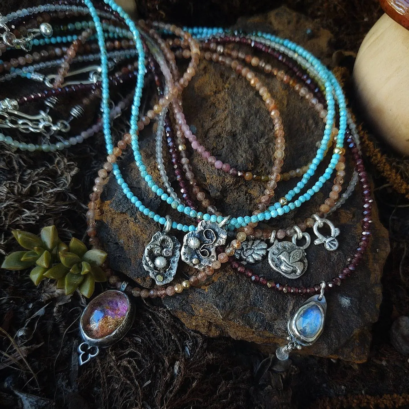 Gemstone Charm Necklace ~ Turquoise, Tourmaline, Garnet, Moonstone
