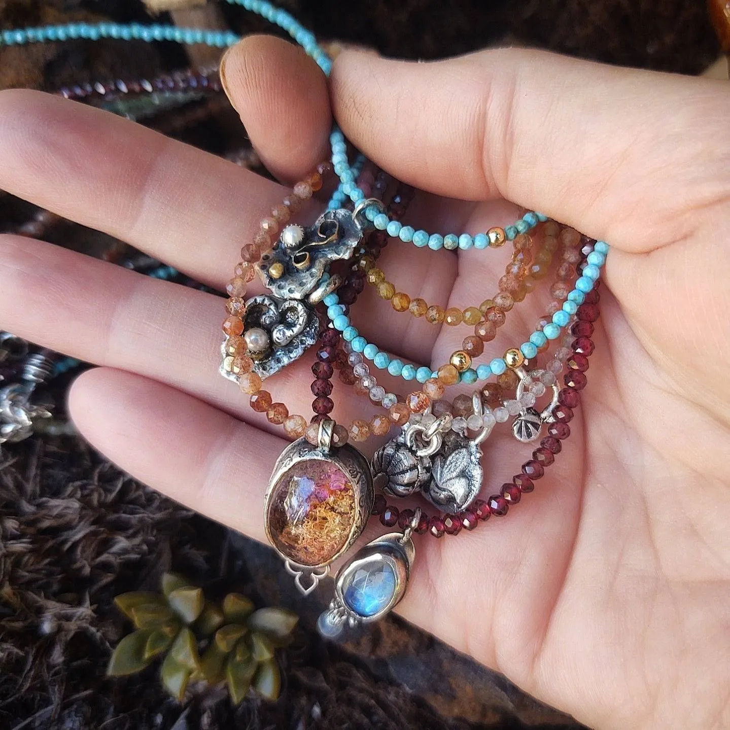 Gemstone Charm Necklace ~ Turquoise, Tourmaline, Garnet, Moonstone