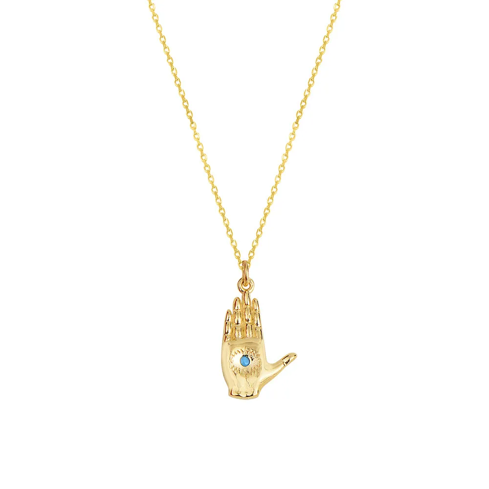 GOLD & TURQUOISE EVIL EYE HAND NECKLACE
