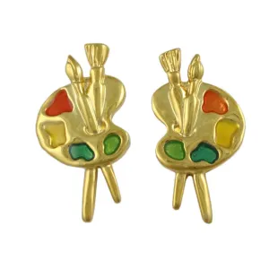 Gold Artist Palette with Colorful Paint Blobs Clip Earring - PRF908E