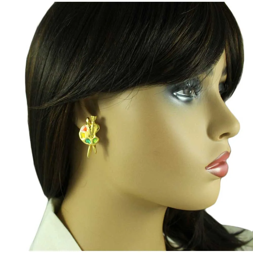 Gold Artist Palette with Colorful Paint Blobs Clip Earring - PRF908E
