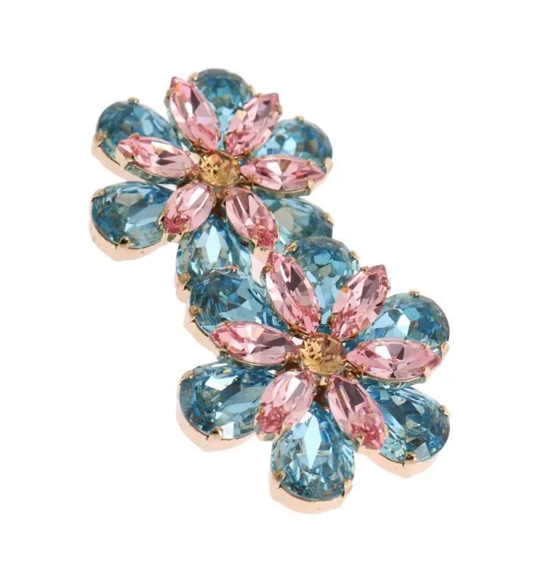 Gold Brass Floral Crystal Large Clip On Earrings