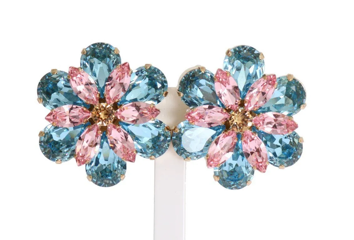 Gold Brass Floral Crystal Large Clip On Earrings