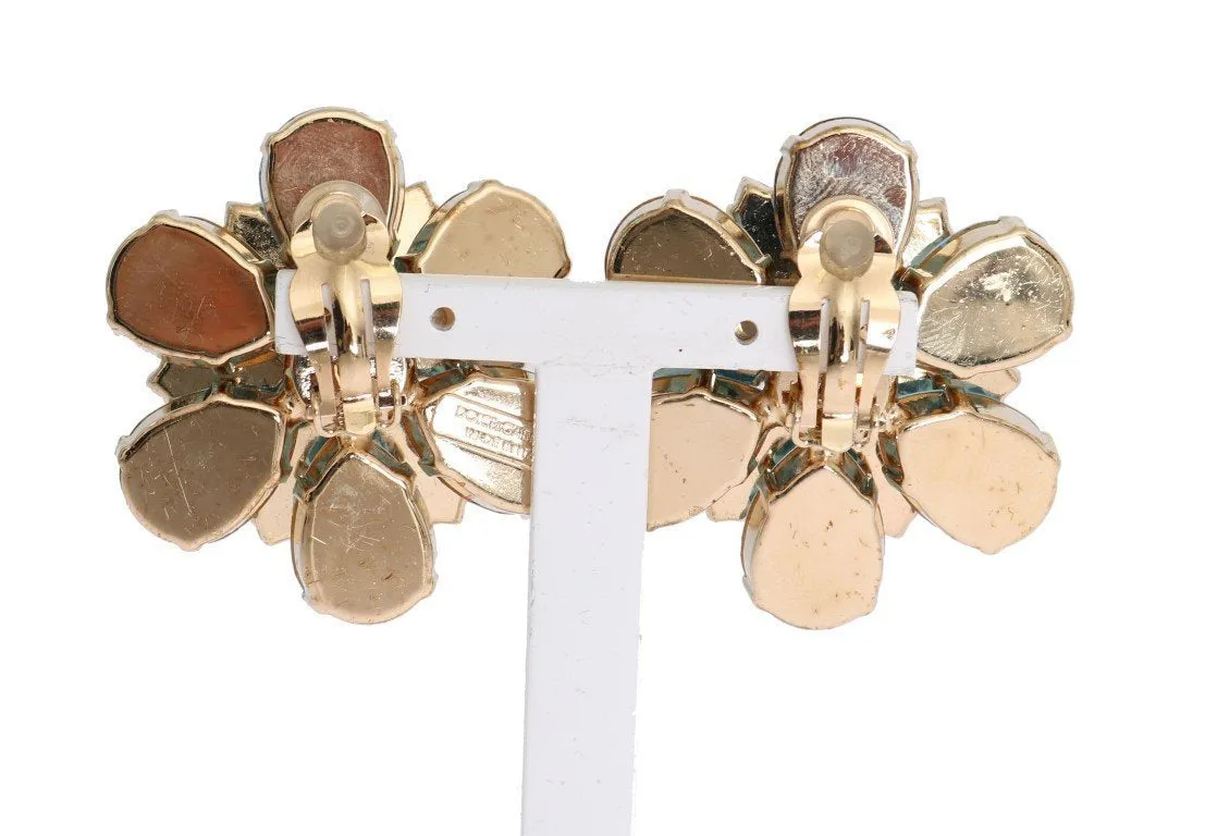 Gold Brass Floral Crystal Large Clip On Earrings