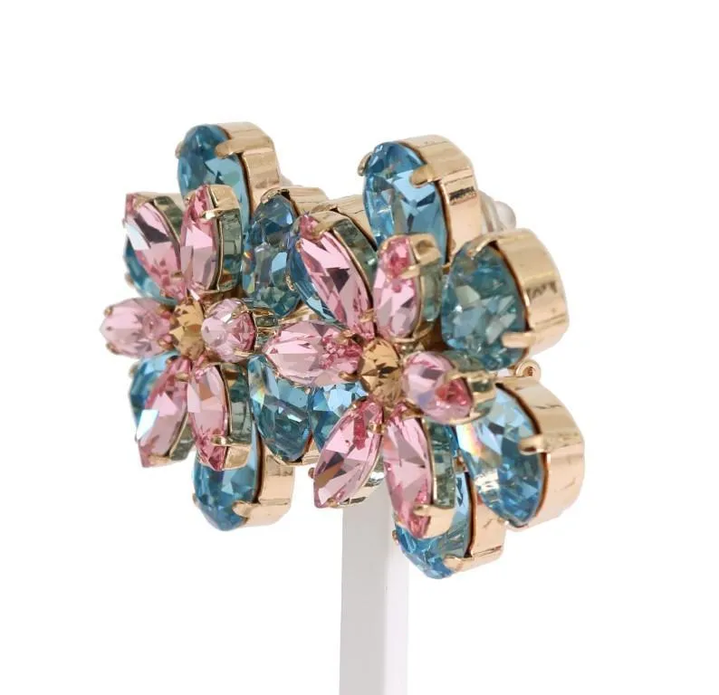 Gold Brass Floral Crystal Large Clip On Earrings