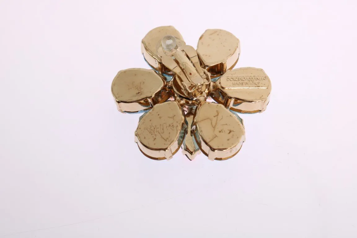 Gold Brass Floral Crystal Large Clip On Earrings