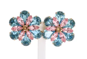 Gold Brass Floral Crystal Large Clip On Earrings