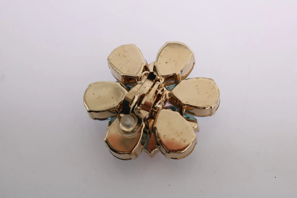 Gold Brass Floral Crystal Large Clip On Earrings