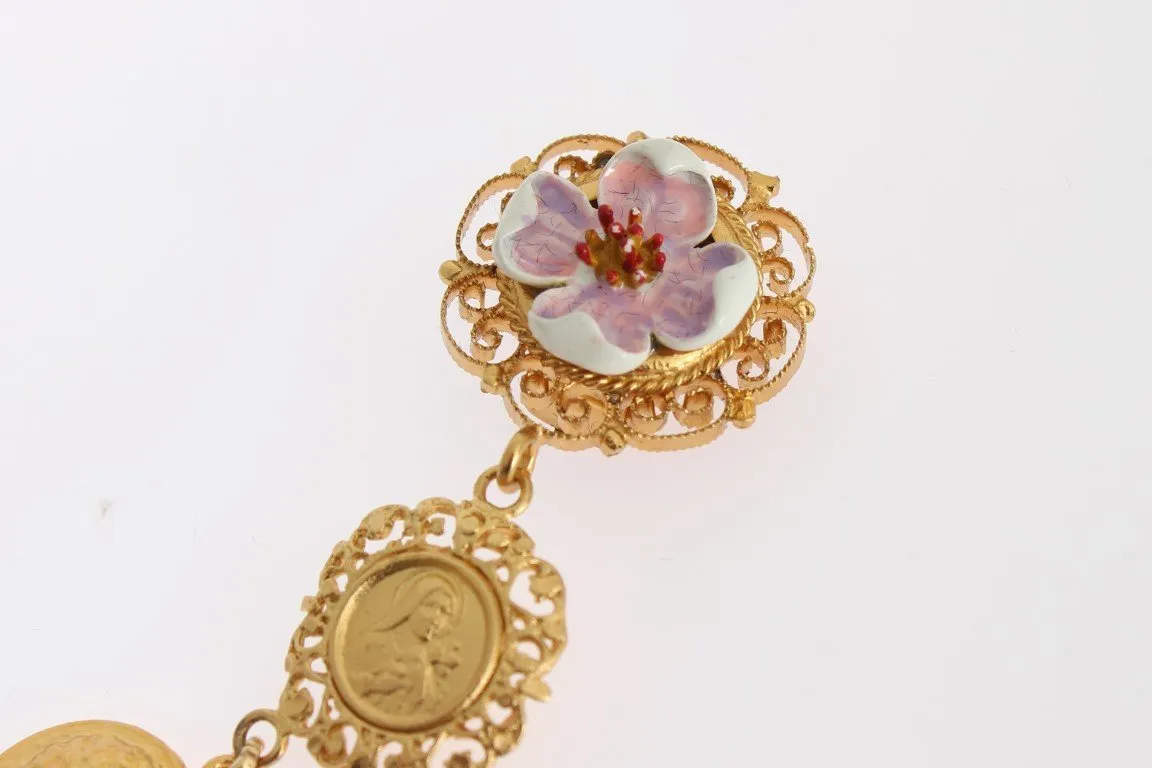 Gold Brass Religious Charms Dangling Clip On Earring