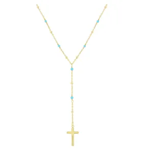 Gold Cross and Turquoise Bead Rosary Necklace