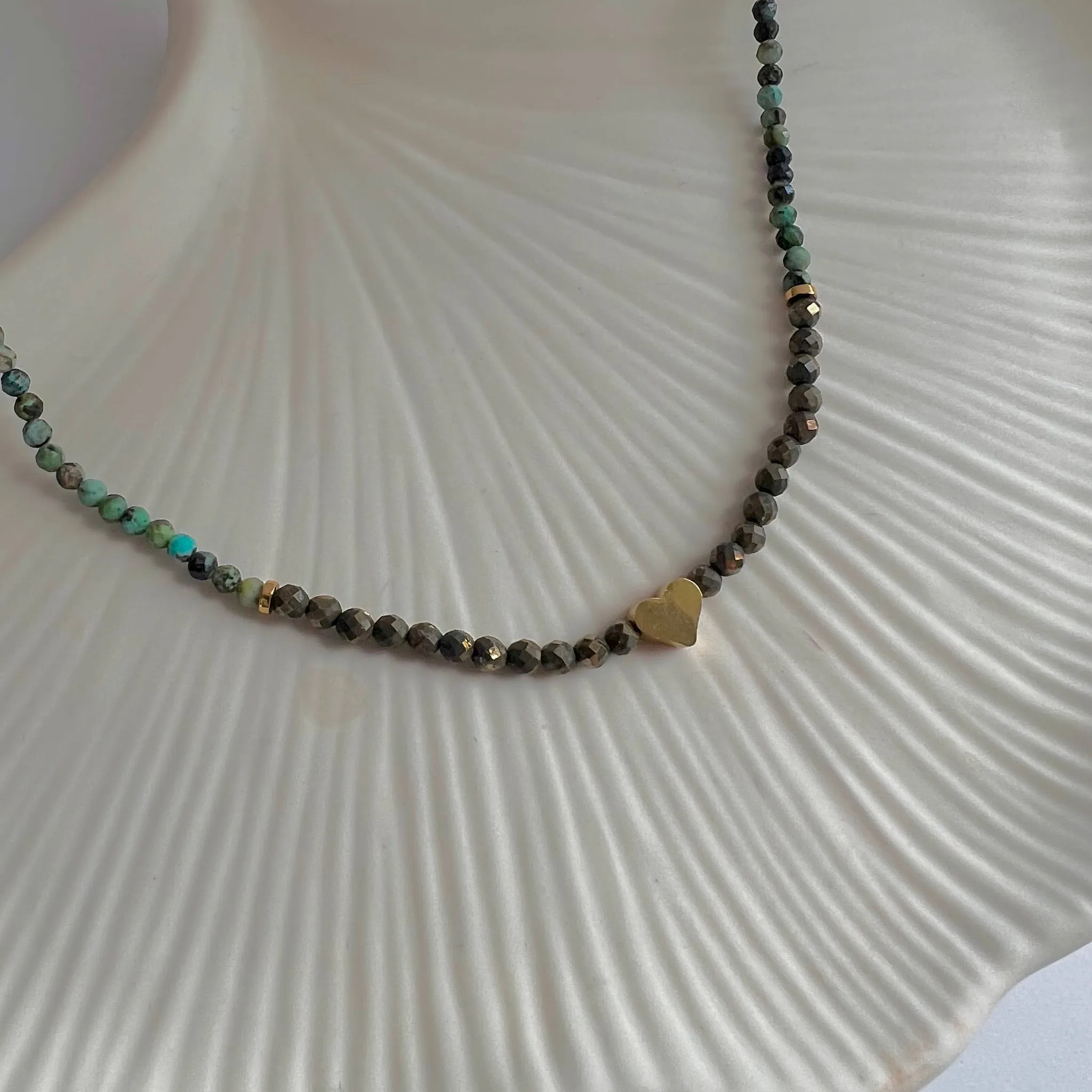 Gold Lunar Precious African Turquoise Beaded Heart Necklace