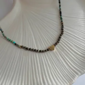 Gold Lunar Precious African Turquoise Beaded Heart Necklace
