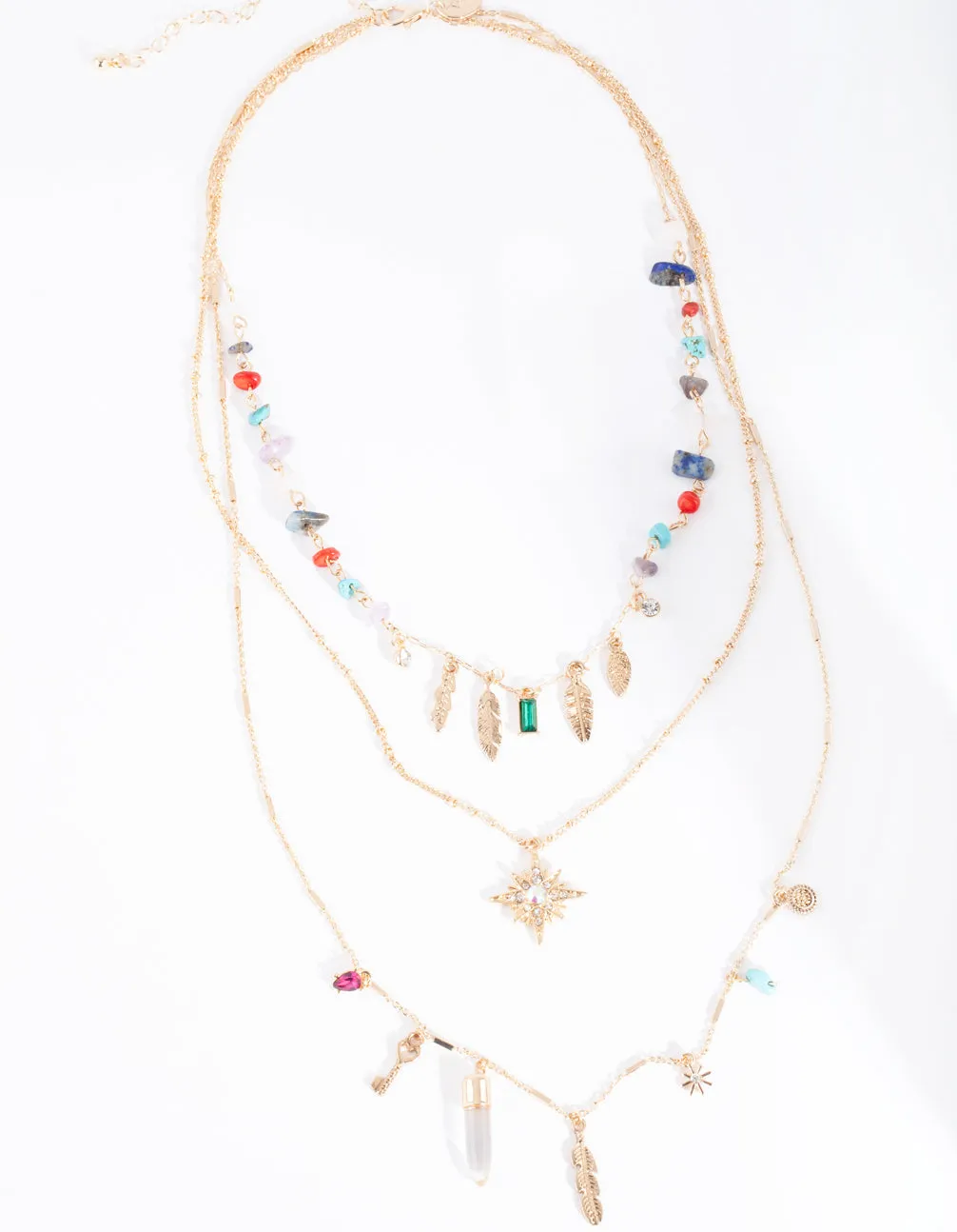 Gold Multi Layered Stone Charm Necklace