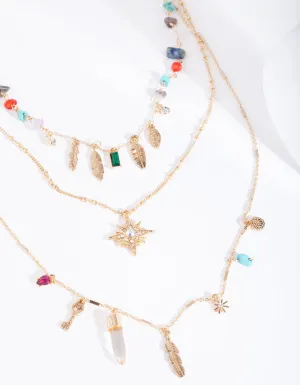 Gold Multi Layered Stone Charm Necklace