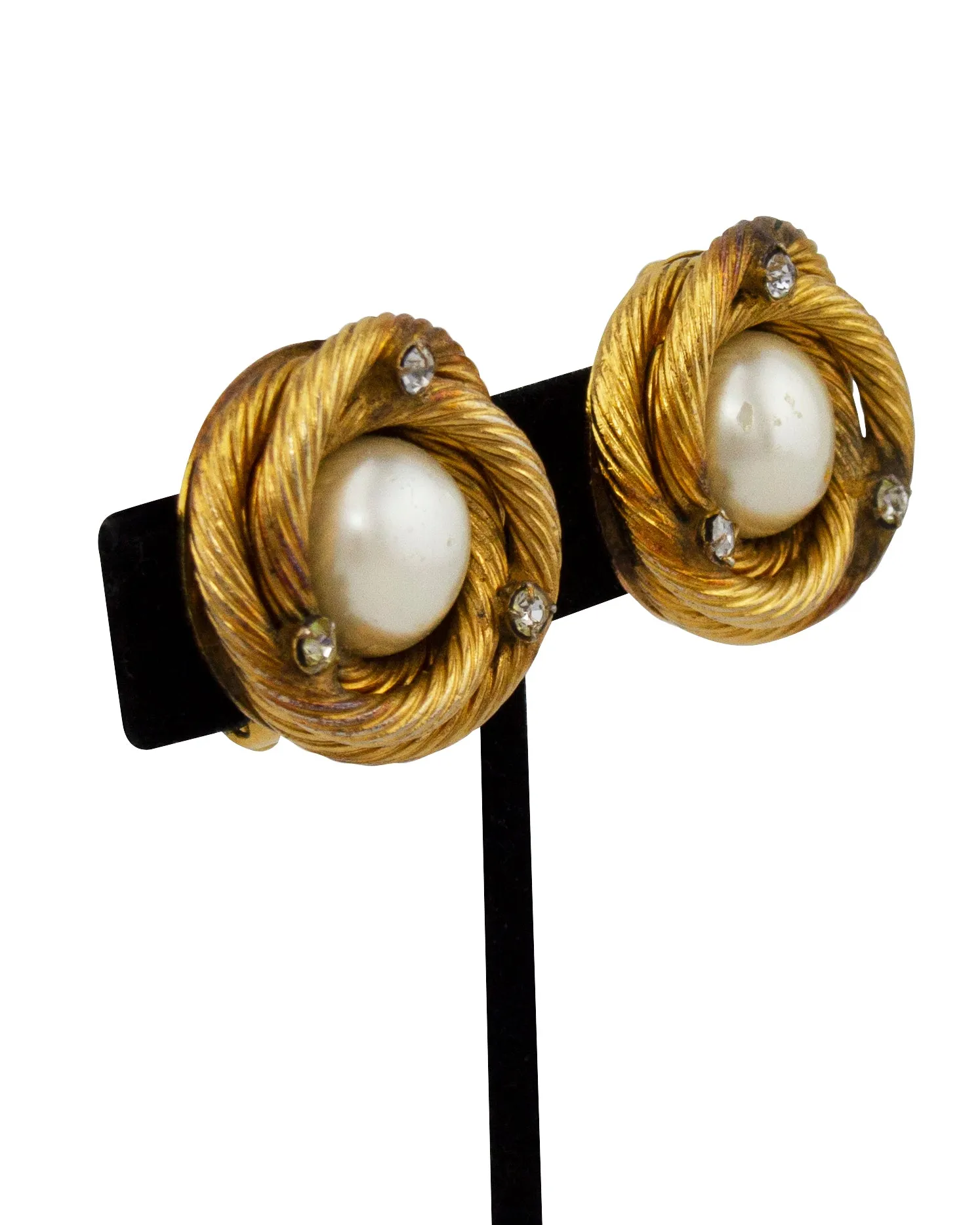 Gold, Pearl and Rhinestone Clip On Earrings