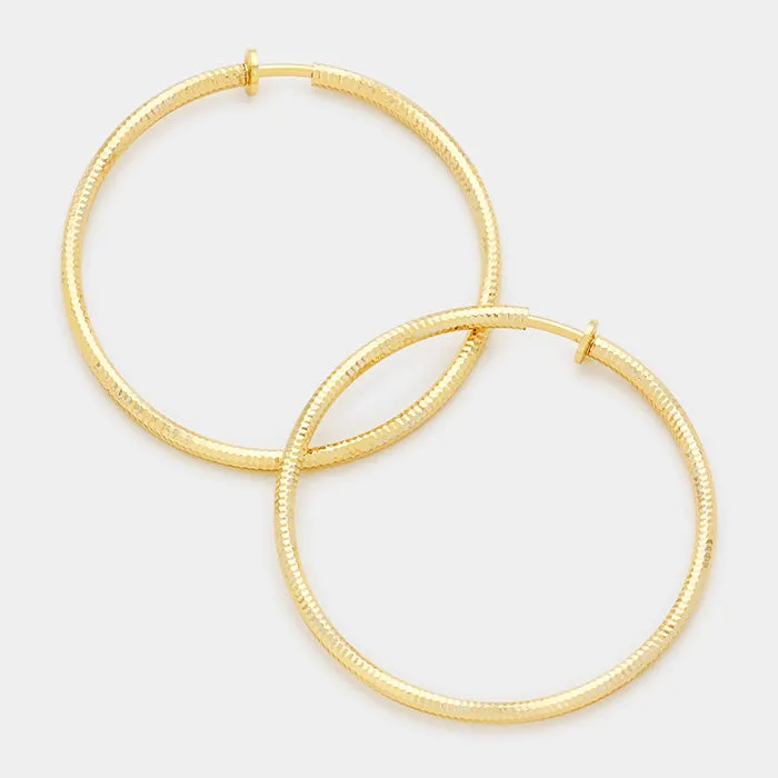 Gold Textured Metal Clip On Hoop Earrings | 3" | 340794