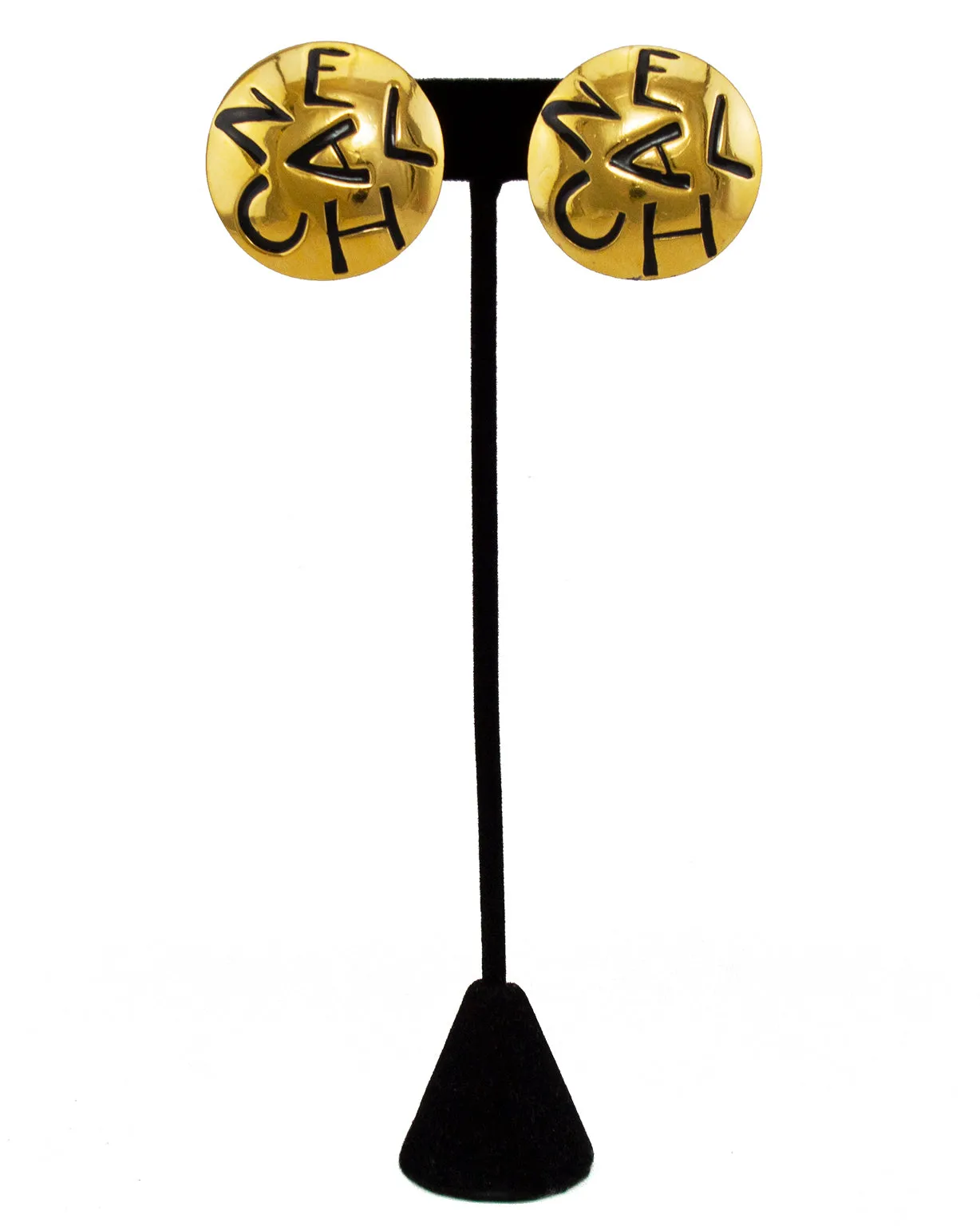 Gold Tone Button Clip on Earrings with Black Engraving