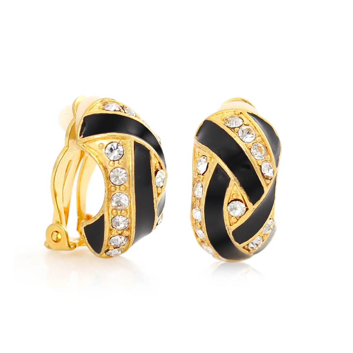 GOLD-TONE METAL BLACK ENAMEL CRYSTAL CLIP ON  EARRING #FW-E3095GBC (SHAA3)