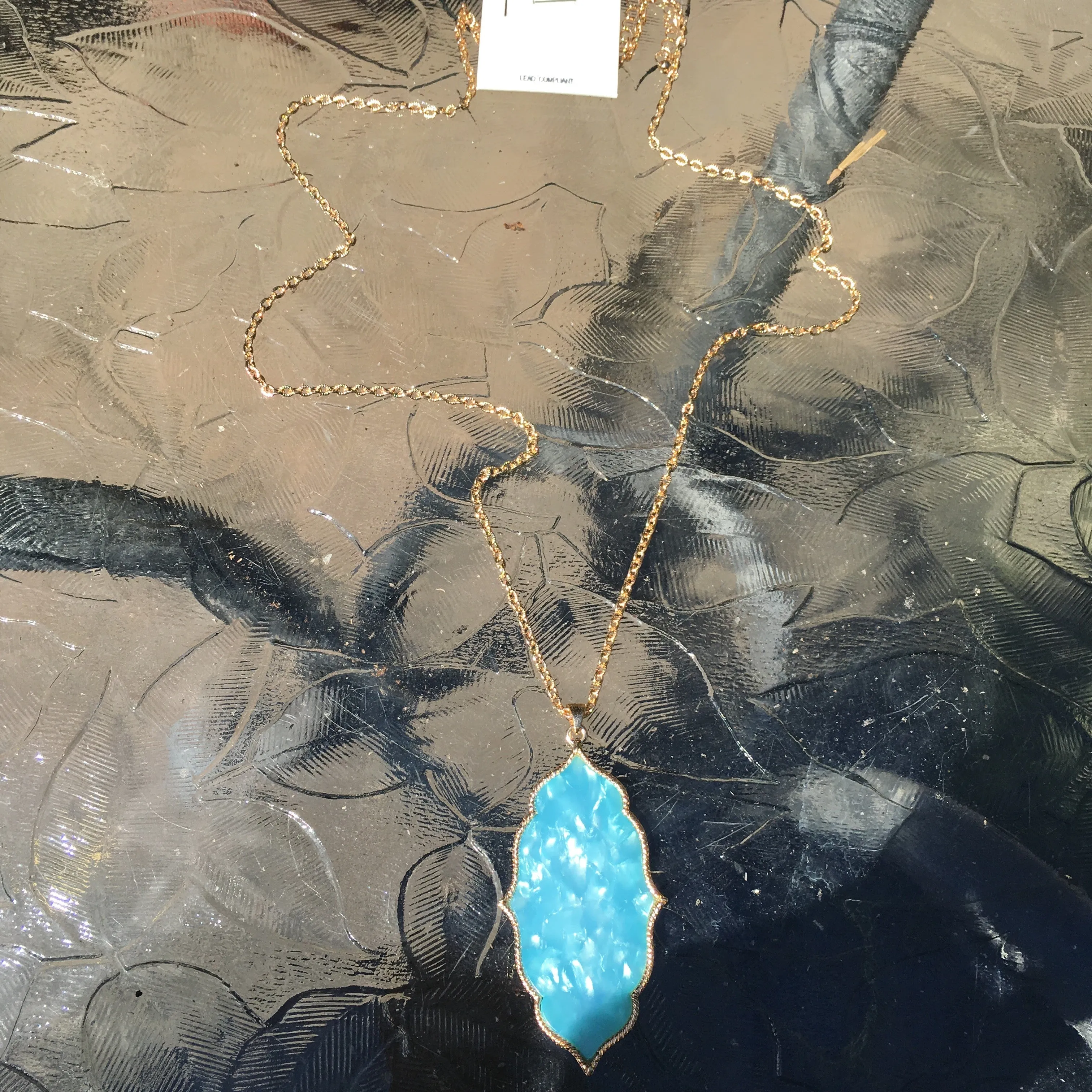 Gold Tone Moroccan Pendant Necklace- Turquoise