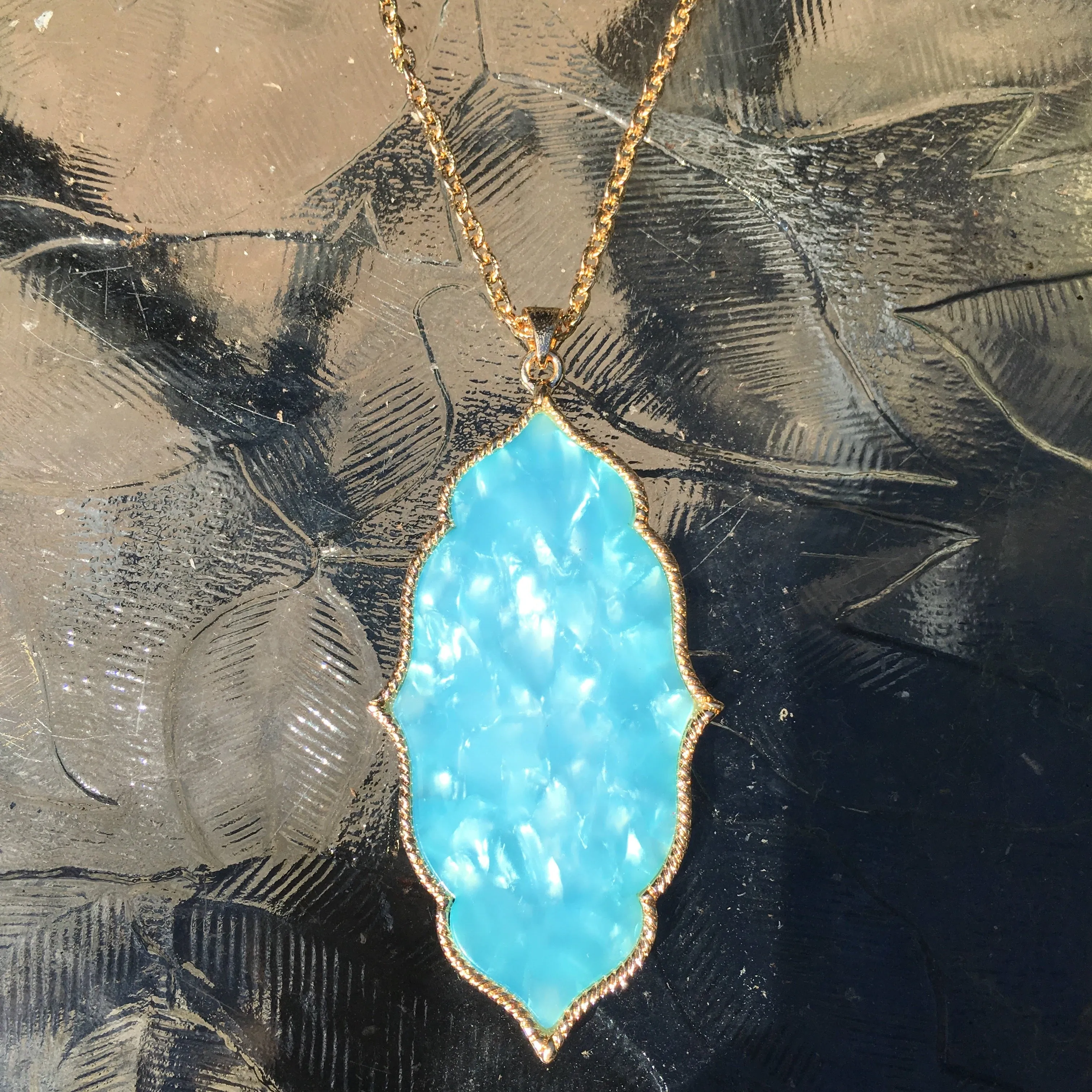 Gold Tone Moroccan Pendant Necklace- Turquoise