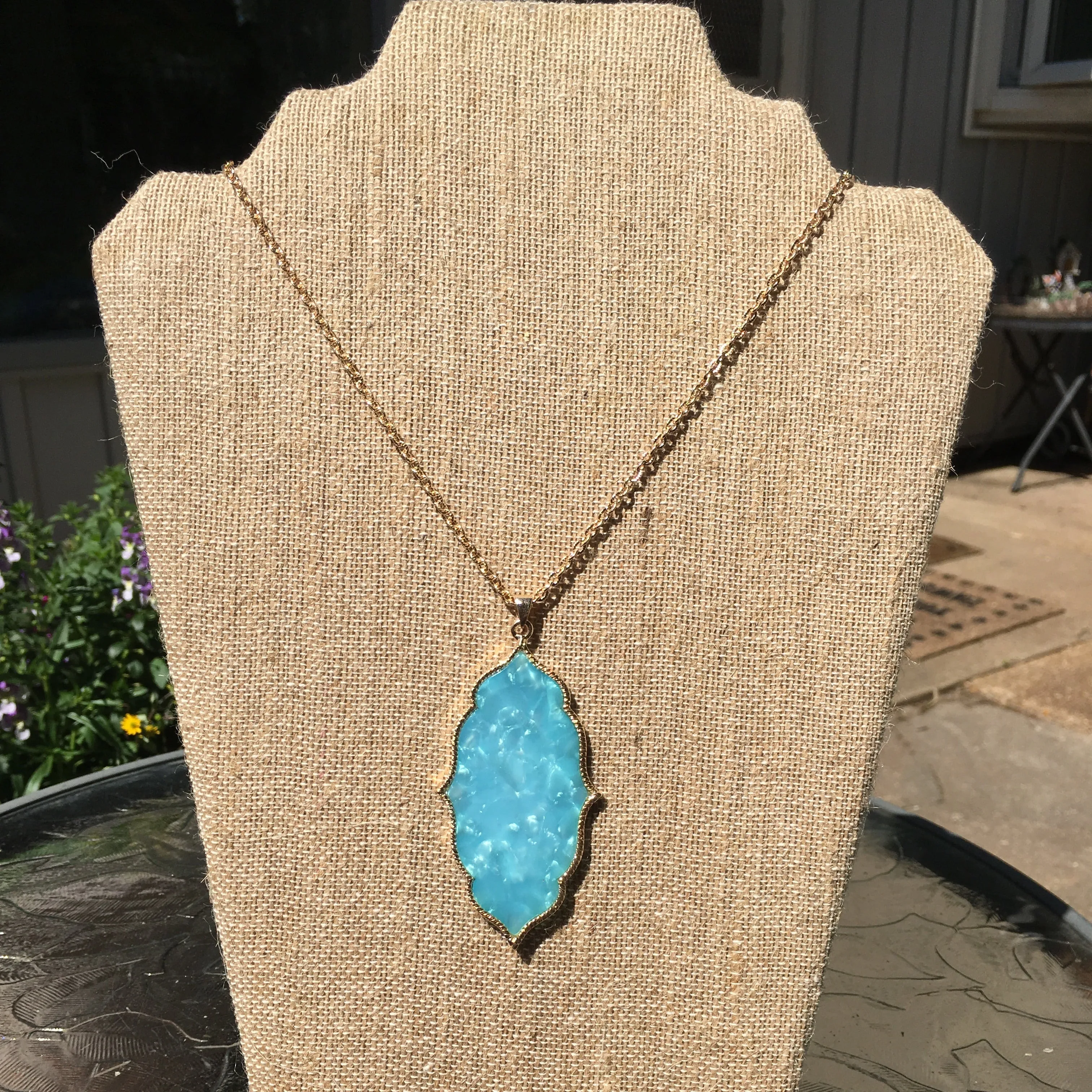 Gold Tone Moroccan Pendant Necklace- Turquoise