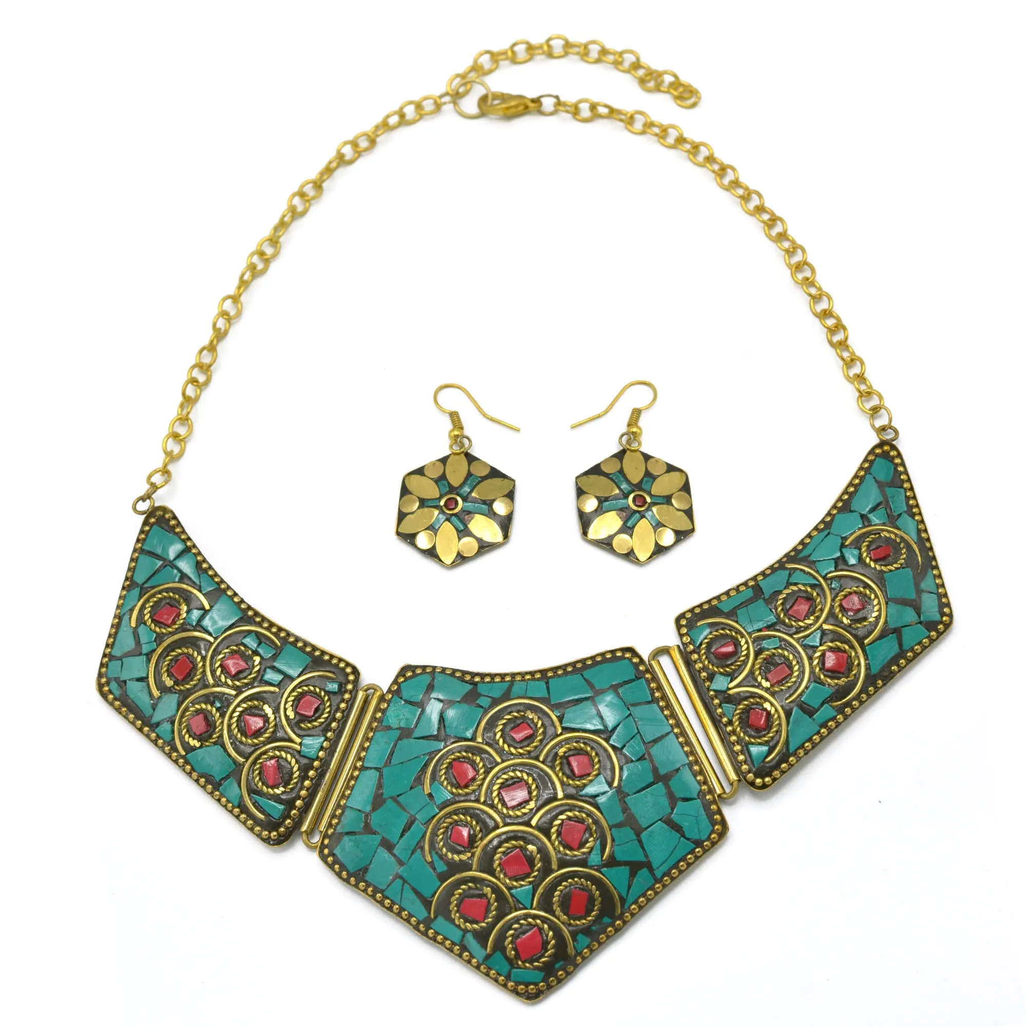GOLD TURQUOISE BIB NECKLACE AND EARRINGS SET # FWNK-2109-83