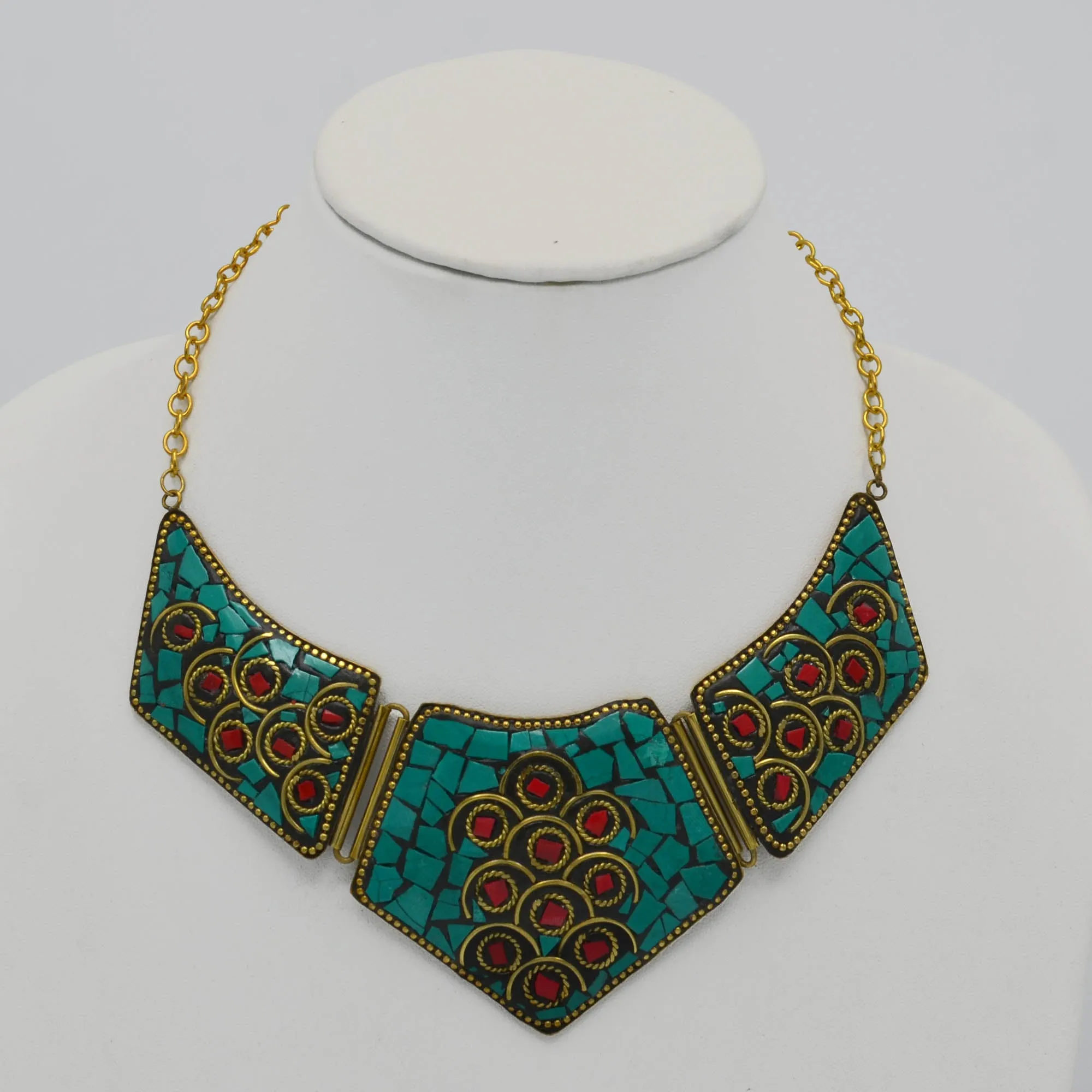 GOLD TURQUOISE BIB NECKLACE AND EARRINGS SET # FWNK-2109-83