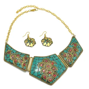 GOLD TURQUOISE BIB NECKLACE AND EARRINGS SET # FWNK-2109-83