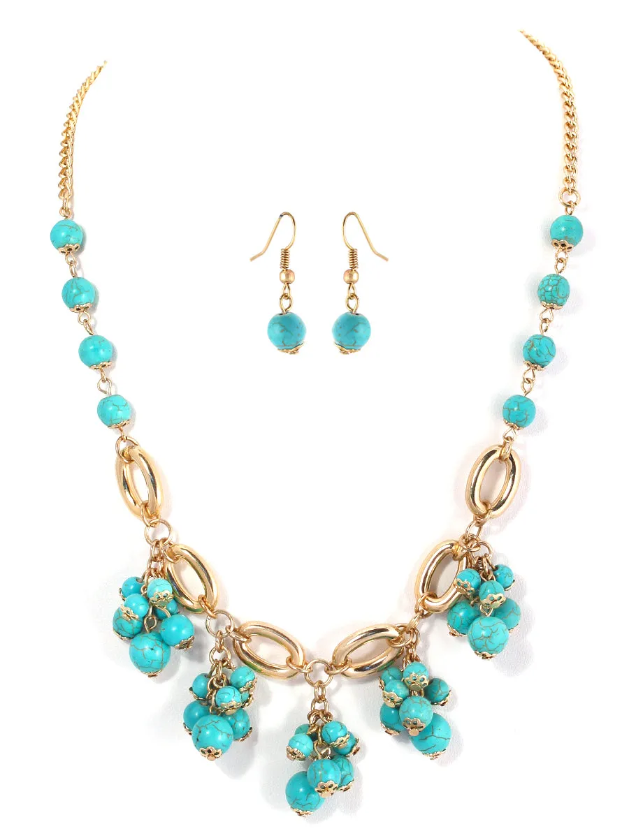 GOLD-TURQUOISE NECKLACE AND EARRING SET  #FW1404248 (HF6)