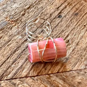 Gold Wire  Pink Agate Adjustable Ring