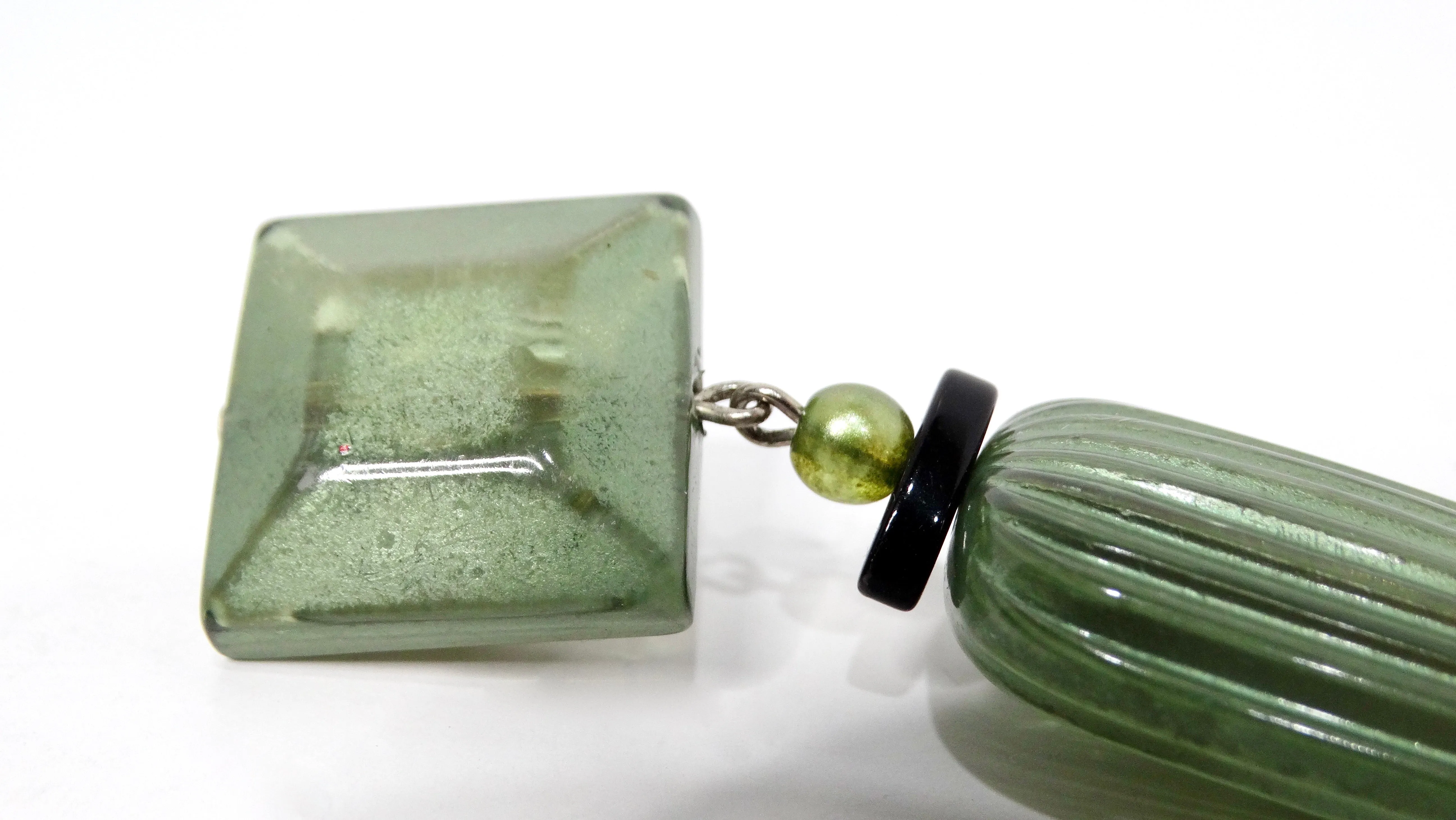 Green Jewel-Tone Beaded Costume Clip-On Dangle Earrings