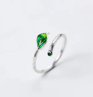 Green Leaf Adjustable Ring 925 Sterling Silver