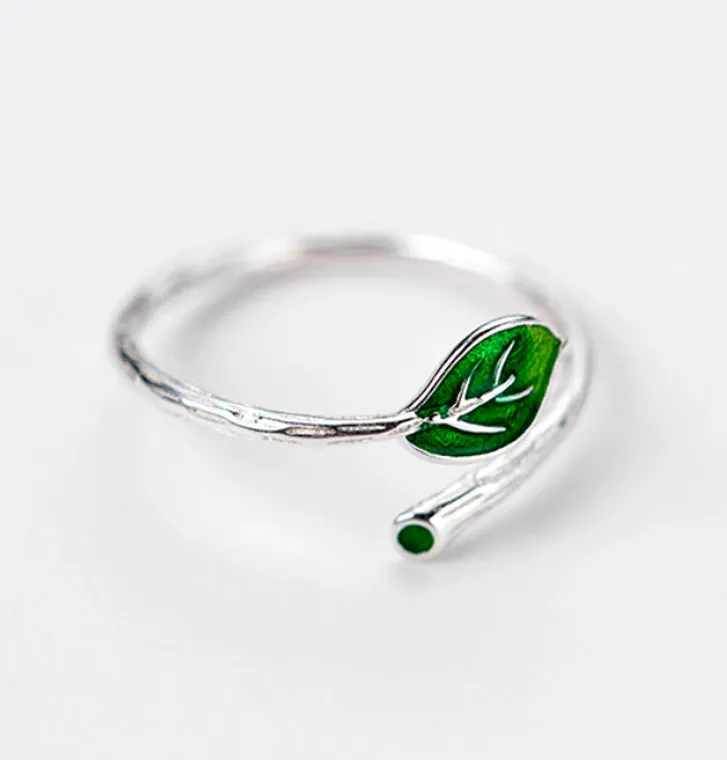 Green Leaf Adjustable Ring 925 Sterling Silver