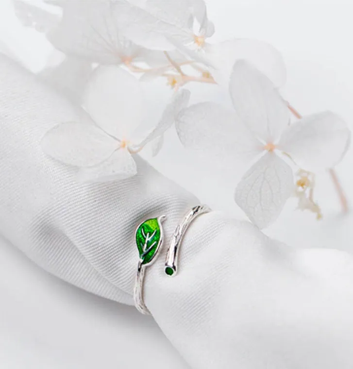 Green Leaf Adjustable Ring 925 Sterling Silver