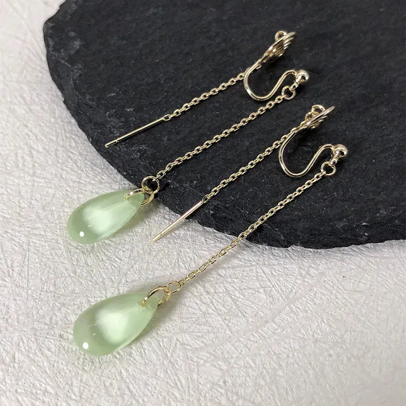 Green Tassel Clip on Earrings