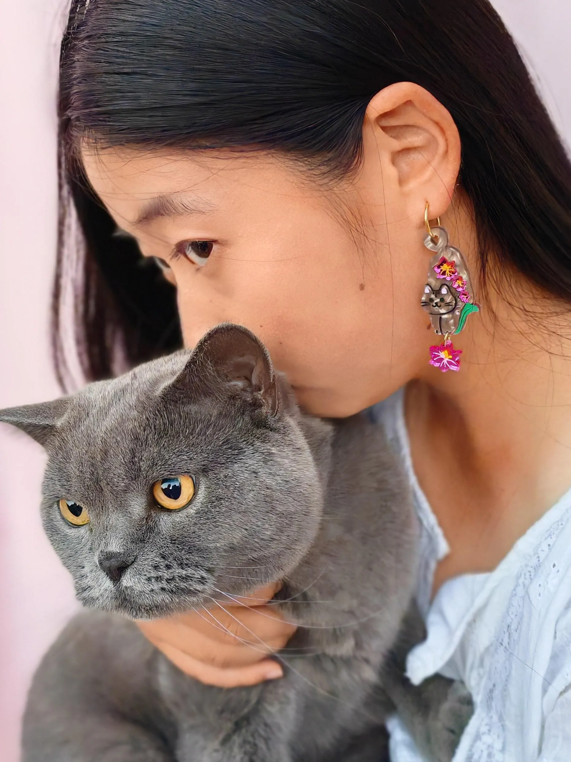 Grey Cat with Gladiolus Flower