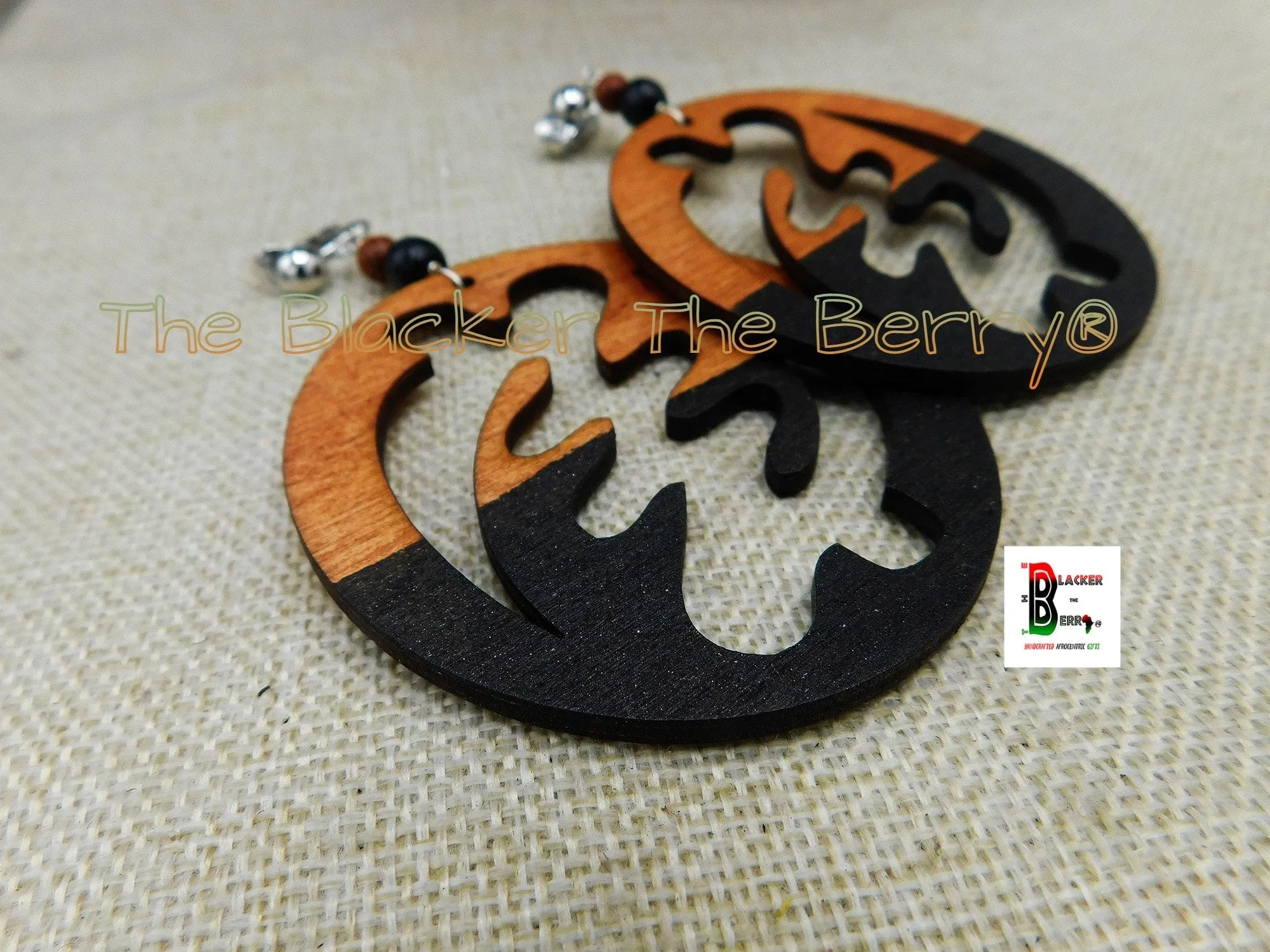 Gye Nyame Clip On Earrings African Wooden Black Non Pierced Jewelry Handmade