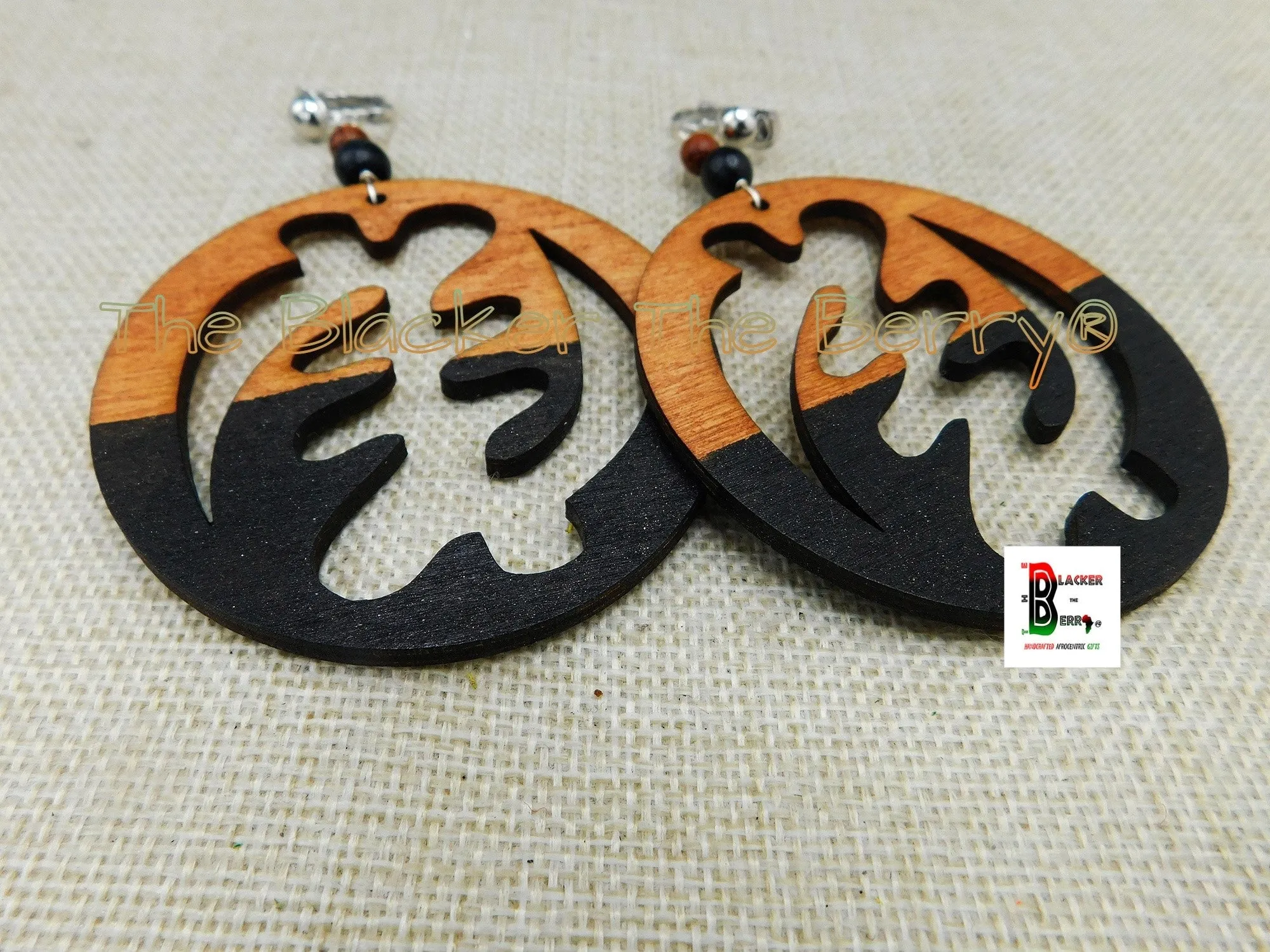 Gye Nyame Clip On Earrings African Wooden Black Non Pierced Jewelry Handmade
